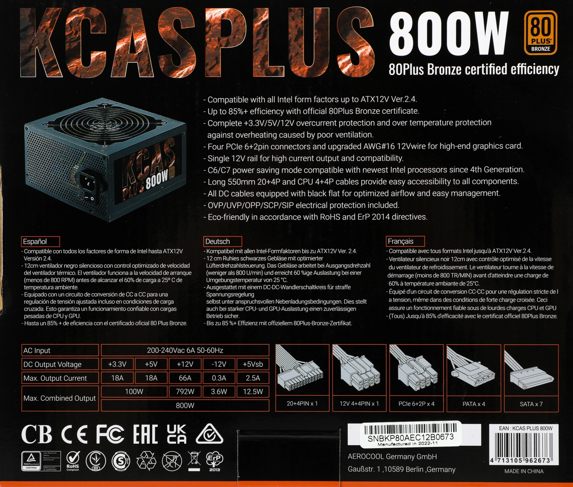 Блок питания Aerocool ATX 800W KCAS PLUS 800 80+ bronze (20+4pin) APFC 120mm fan 7xSATA RTL