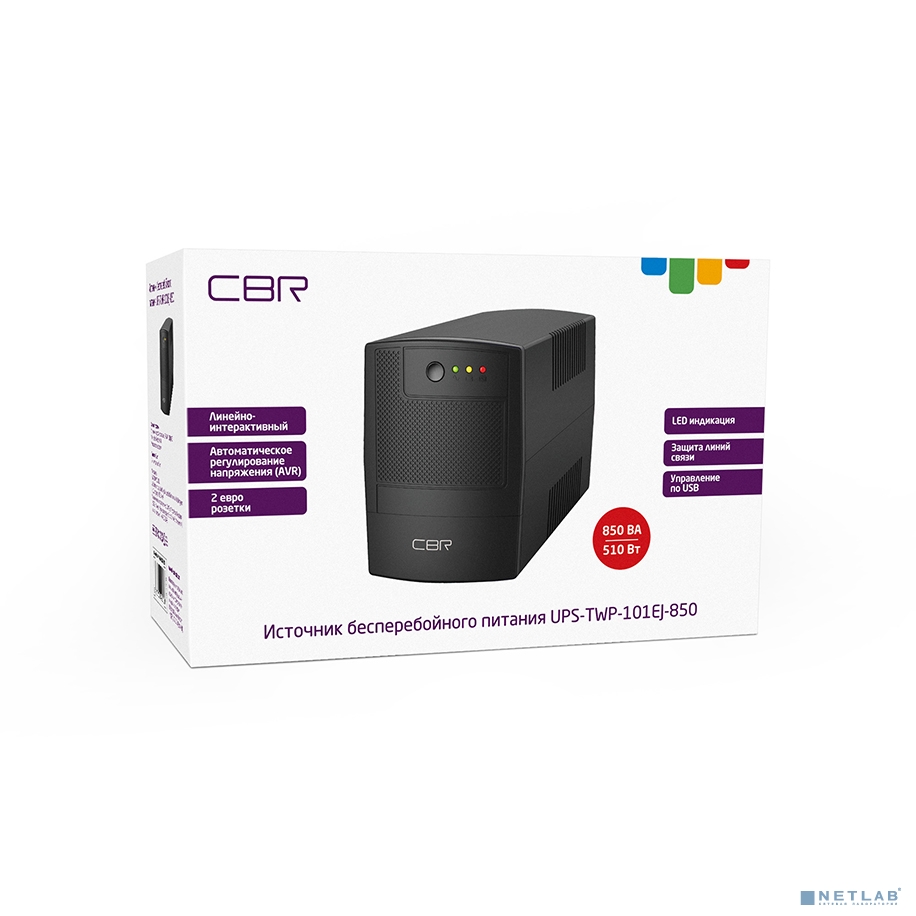 ИБП CBR [UPS-TWP-101EJ-850] 850VA/510W, Schuko CEE 7 x2 outlets, LED, USB Type-B, RJ11/45 AVR, SEC, 