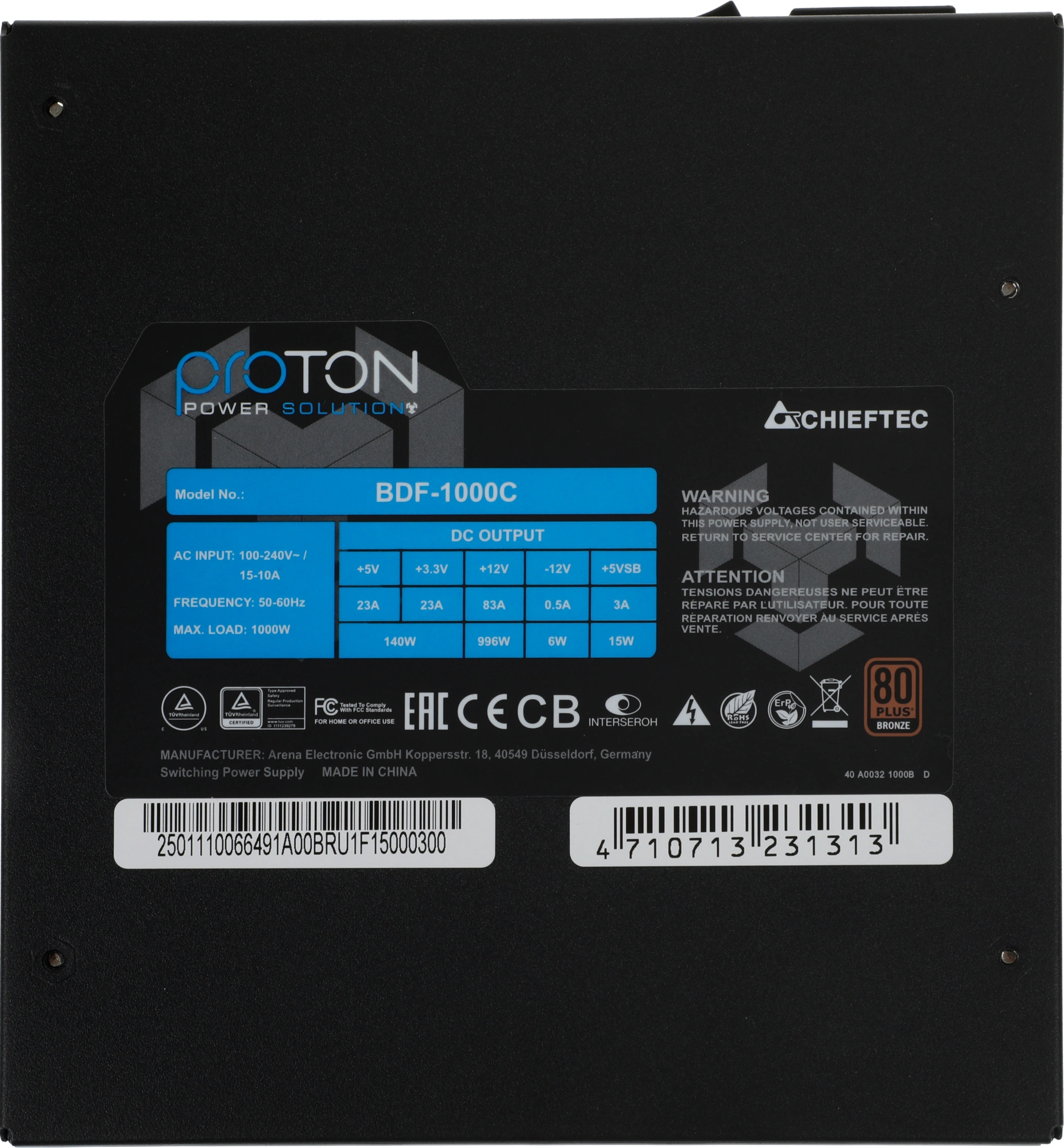 Блок питания Chieftec ATX 1000W Proton BDF-1000C 80+ bronze (20+4pin) APFC 140mm fan 9xSATA Cab Mana