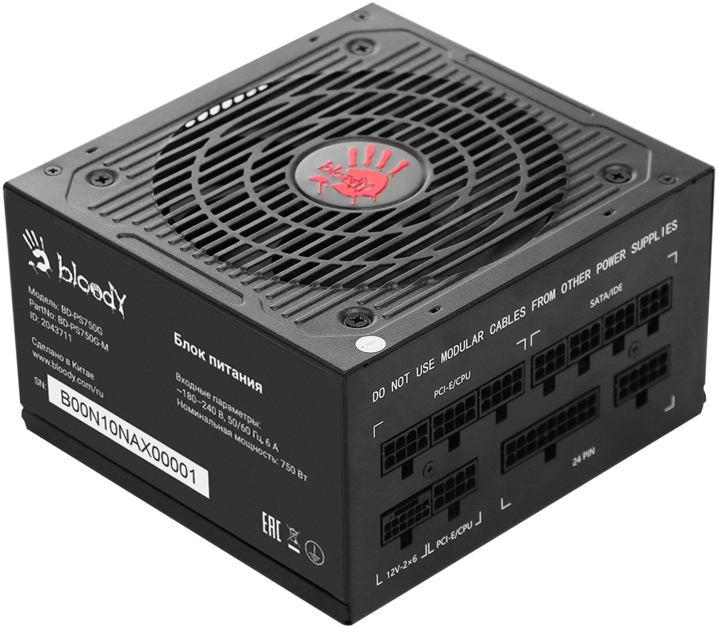 Блок питания Bloody ATX 750W BD-PS750G 80+ gold (20+4pin) APFC 120mm fan 6xSATA Cab Manag RTL