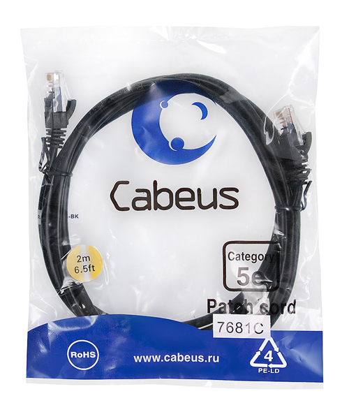 Патч-корд Cabeus PC-UTP-RJ45-Cat.5e-2m-BK Патч-корд U/UTP, категория 5е, 2xRJ45/8p8c, неэкранированн