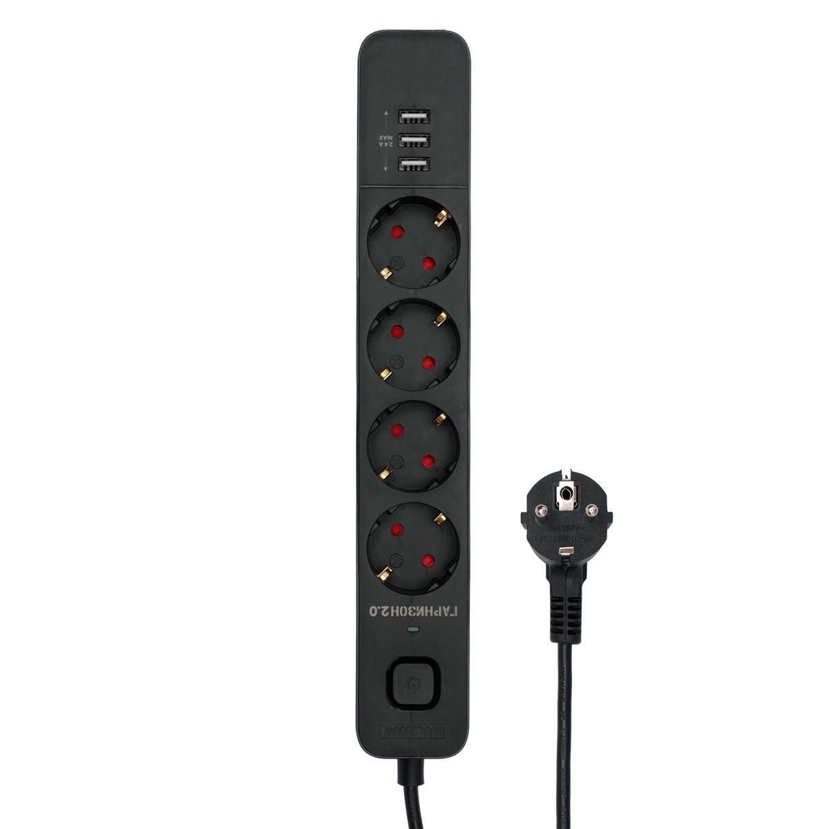 Гарнизон Сетевой фильтр 2.0 EPS-4-U3-B-2 Мультипорт, 4р, 10А, 3xUSB, 2м, ур.защиты 2+, черный, пакет