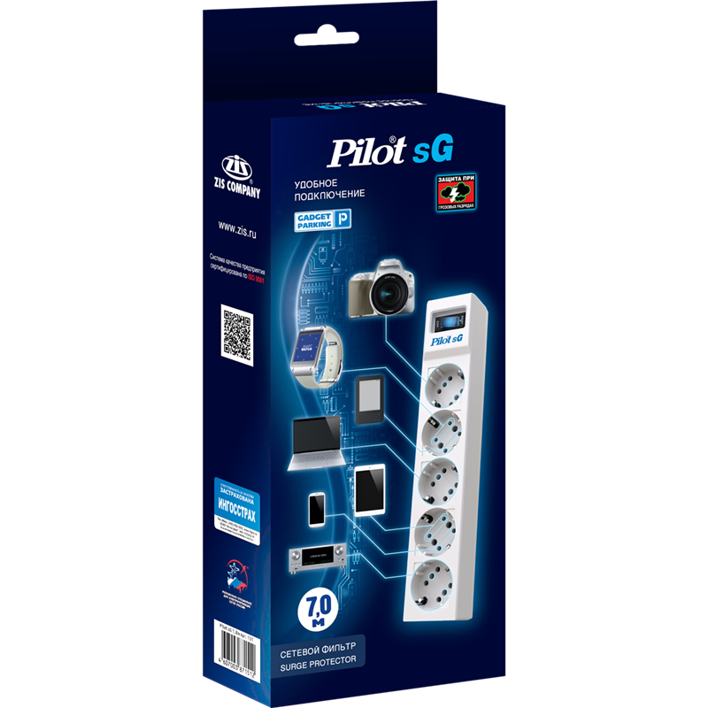 Сетевой фильтр PILOT sG, 7м, 5 розеток GP, 10А/2,2кВт, св. серый , Россия