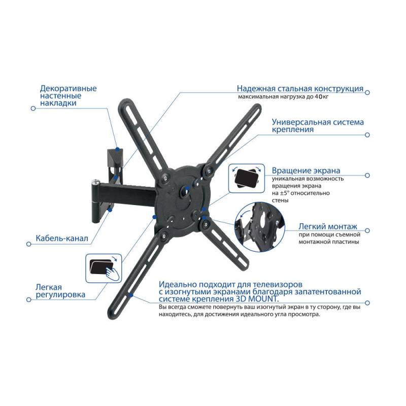 Кронштейн для телевизора Kromax ATLANTIS-15 темно-серый 22"-65" макс.40кг настенный поворот и наклон