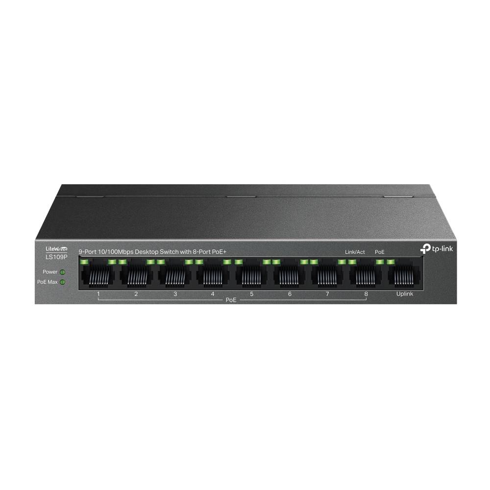 коммутатор TP-Link LS109P, 9-Port 10/100 Mbps Desktop Switch with 8-Port PoE+, 63 W, 250m