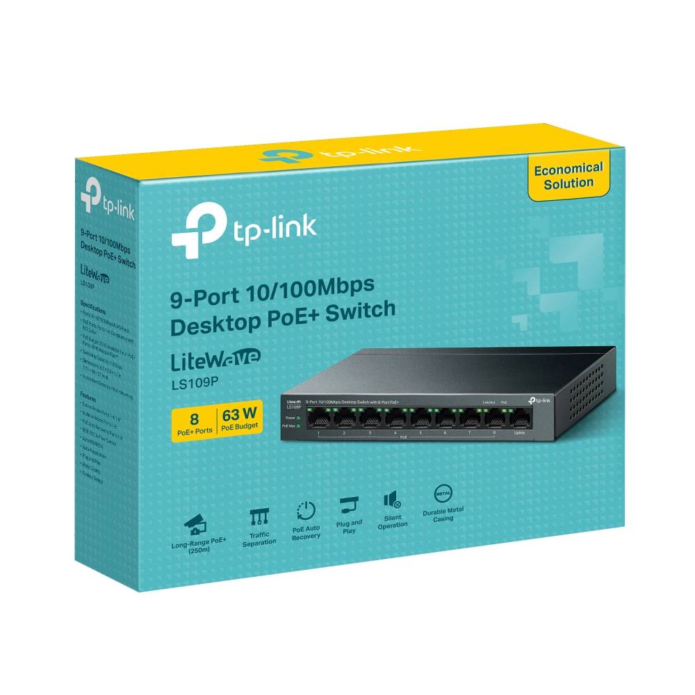 коммутатор TP-Link LS109P, 9-Port 10/100 Mbps Desktop Switch with 8-Port PoE+, 63 W, 250m