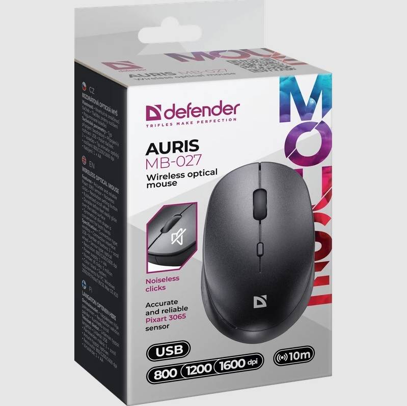 Defender Auris MB-027 { Беспроводная оптическая мышь,черный,4D,800-1600dpi,бесшумн } [52027]