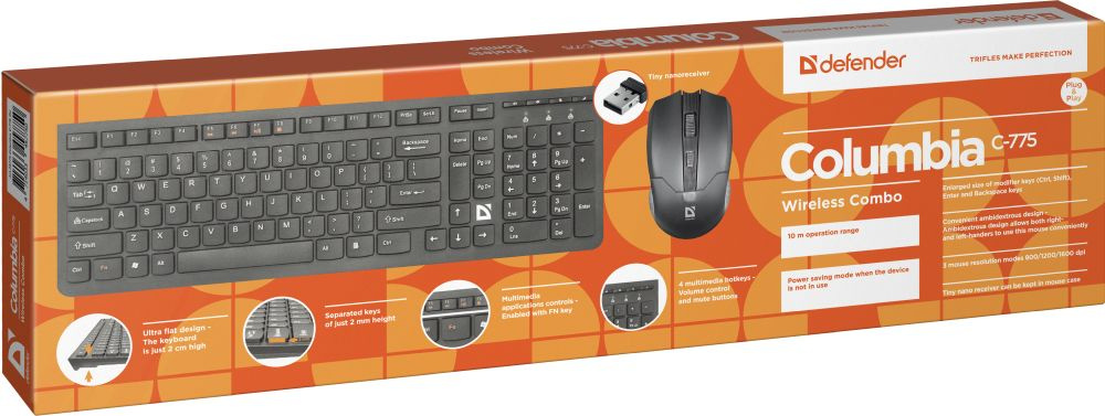 Клавиатура + мышь Defender Columbia C-775 клав:черный мышь:черный USB беспроводная slim Multimedia (
