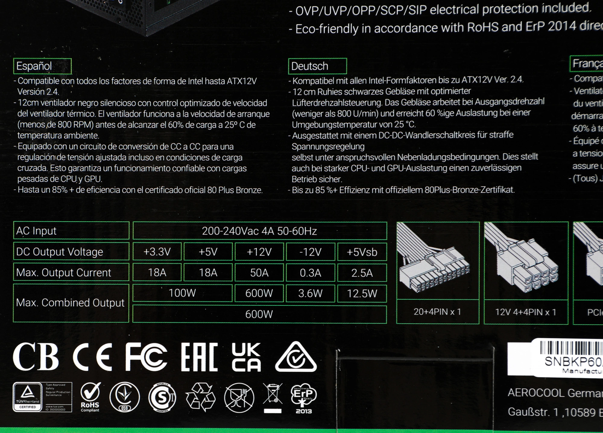 Блок питания Formula V Line KCAS PLUS 600W, 600W, APFC, 80+ Bronze, ATX12V v2.4, 12cm Fan (ex Aeroco