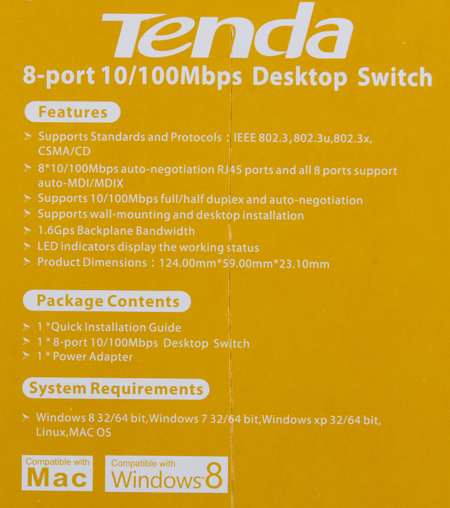 Коммутатор Tenda S108 8x100Мбит/с неуправляемый