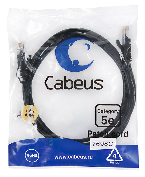 Патч-корд u/utp, категория 5е Cabeus PC-UTP-RJ45-Cat.5e-1.5m-BK-LSZH Патч-корд U/UTP, категория 5е, 