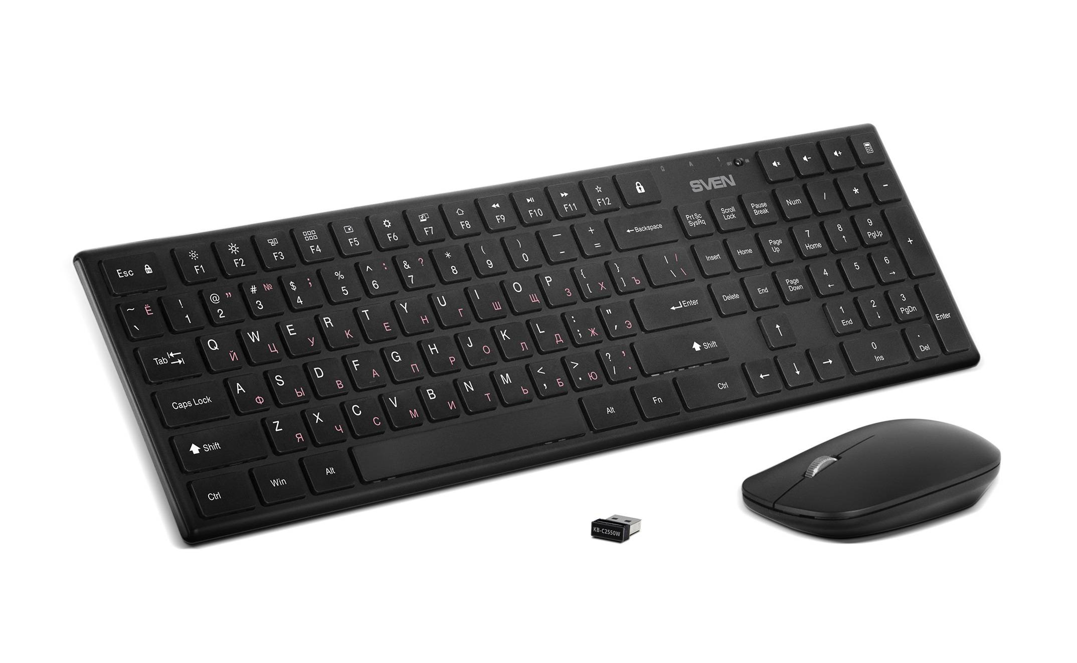 Клавиатура и мышь Wireless Sven KB-C2550W чёрные, тип клавиш ножничный (109 кл.,12Fn, 1000DPI, 2+1 к