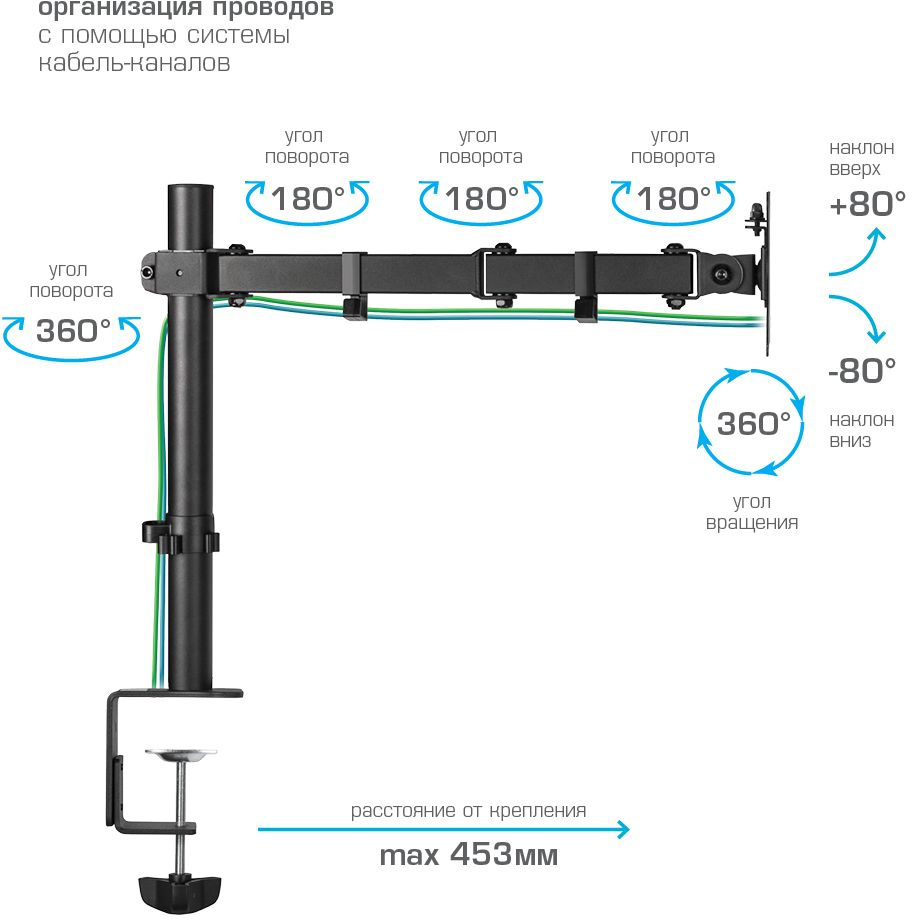 Кронштейн для мониторов Kromax CASPER-507 черный 10"-34" макс.10кг настольный поворот и наклон
