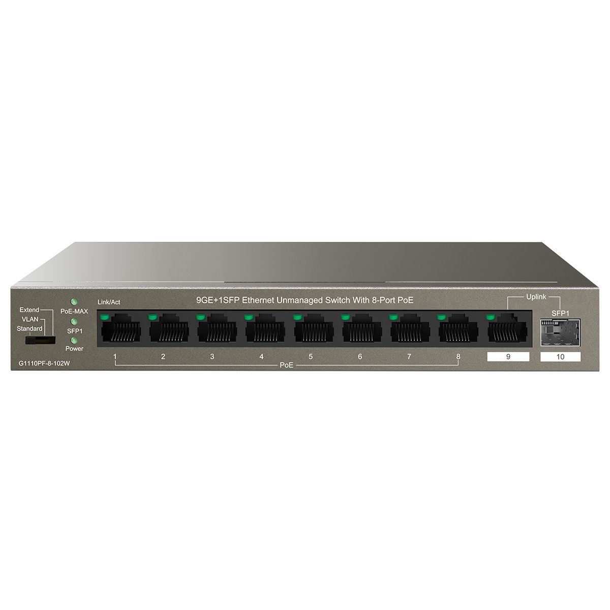 Коммутатор IP-Com G1110PF-8-102W (L2) 9x1Гбит/с 1xКомбо(1000BASE-T/SFP) 1SFP 8PoE 92W неуправляемый