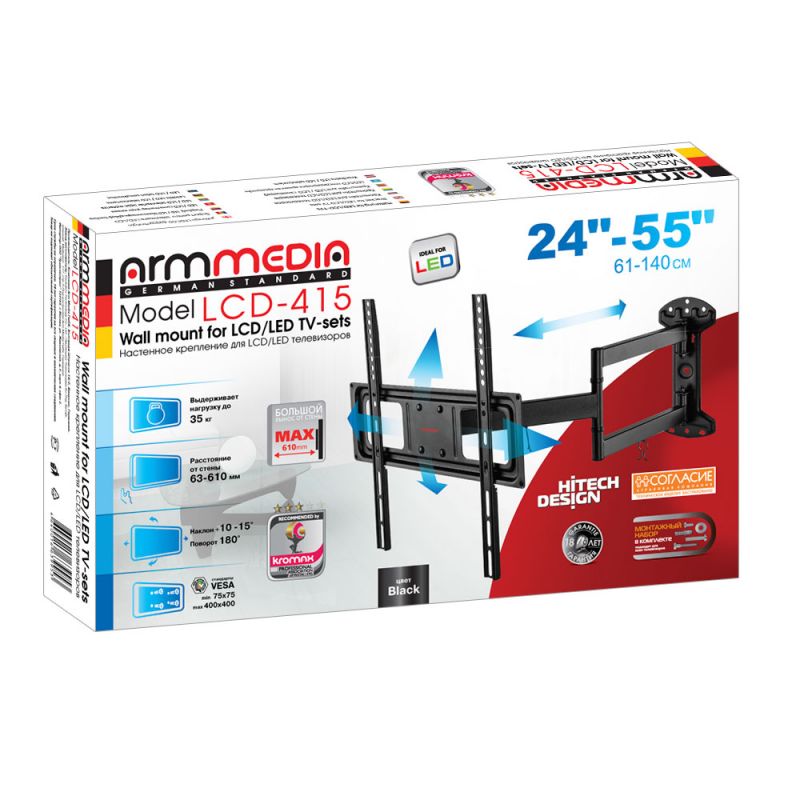 Кронштейн для телевизора Arm Media LCD-415 черный 24"-55" макс.35кг настенный поворотно-выдвижной и 