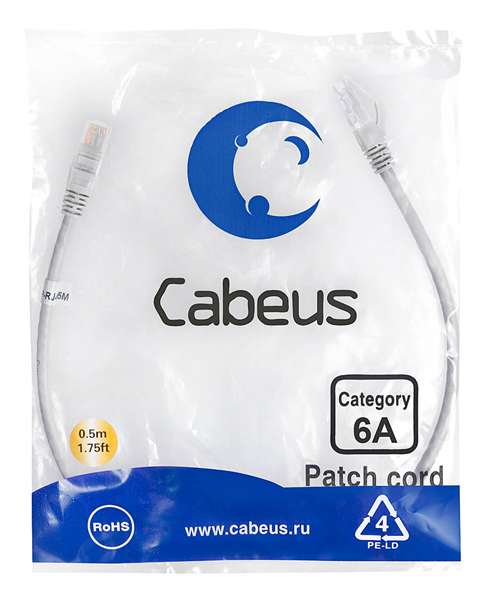 Патч-корд Cabeus PC-UTP-RJ45-Cat.6a-0.5m-LSZH Патч-корд U/UTP, категория 6а (10G), 2xRJ45/8p8c, неэк