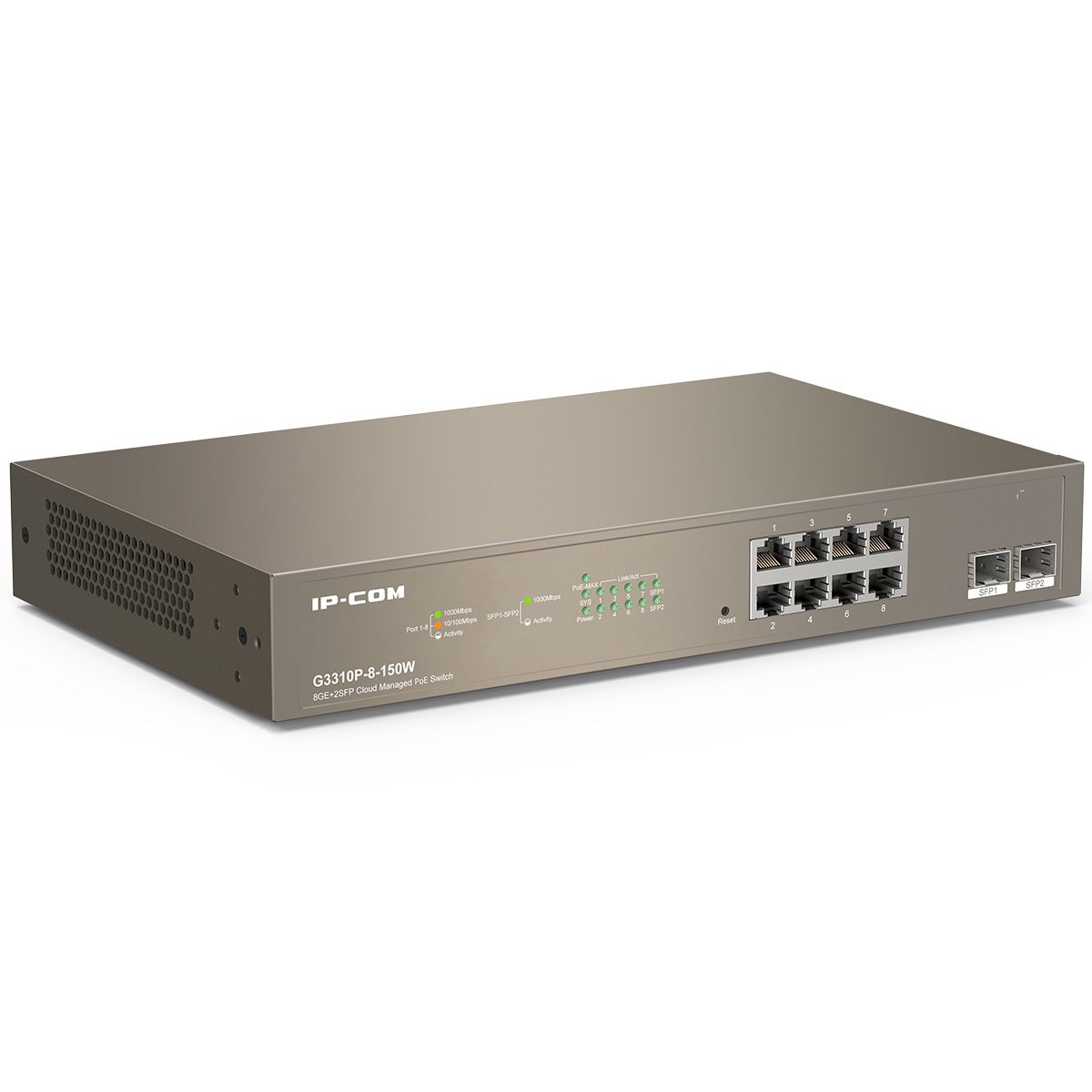 Коммутатор IP-Com G3310P-8-150W (L2) 8x1Гбит/с 2xКомбо(1000BASE-T/SFP) 2SFP 8PoE 130W управляемый