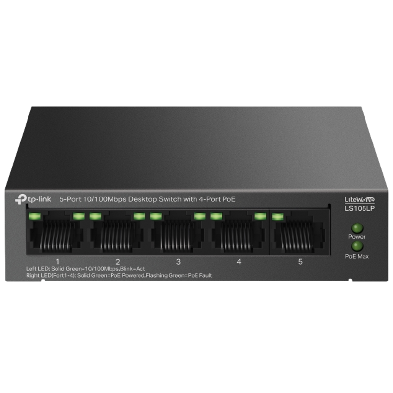Коммутатор TP-Link LS105LP (L2) 5x100Мбит/с 4PoE 41W неуправляемый