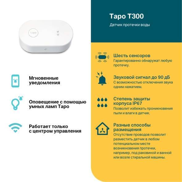 TP-Link Tapo T300 Датчик протечки воды, 868 МГц, питание от двух батареек AAA, звуковой сигнал 90 дБ