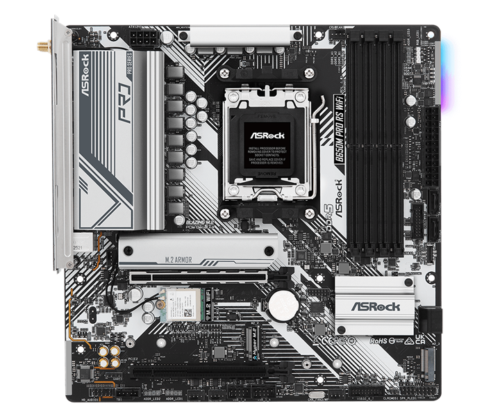 Материнская плата ASROCK B650M PRO RS WIFI, AM5, B650, 4*DDR5, HDMI+DP, 4xSATA3 6.0, M.2 Socket, RAI
