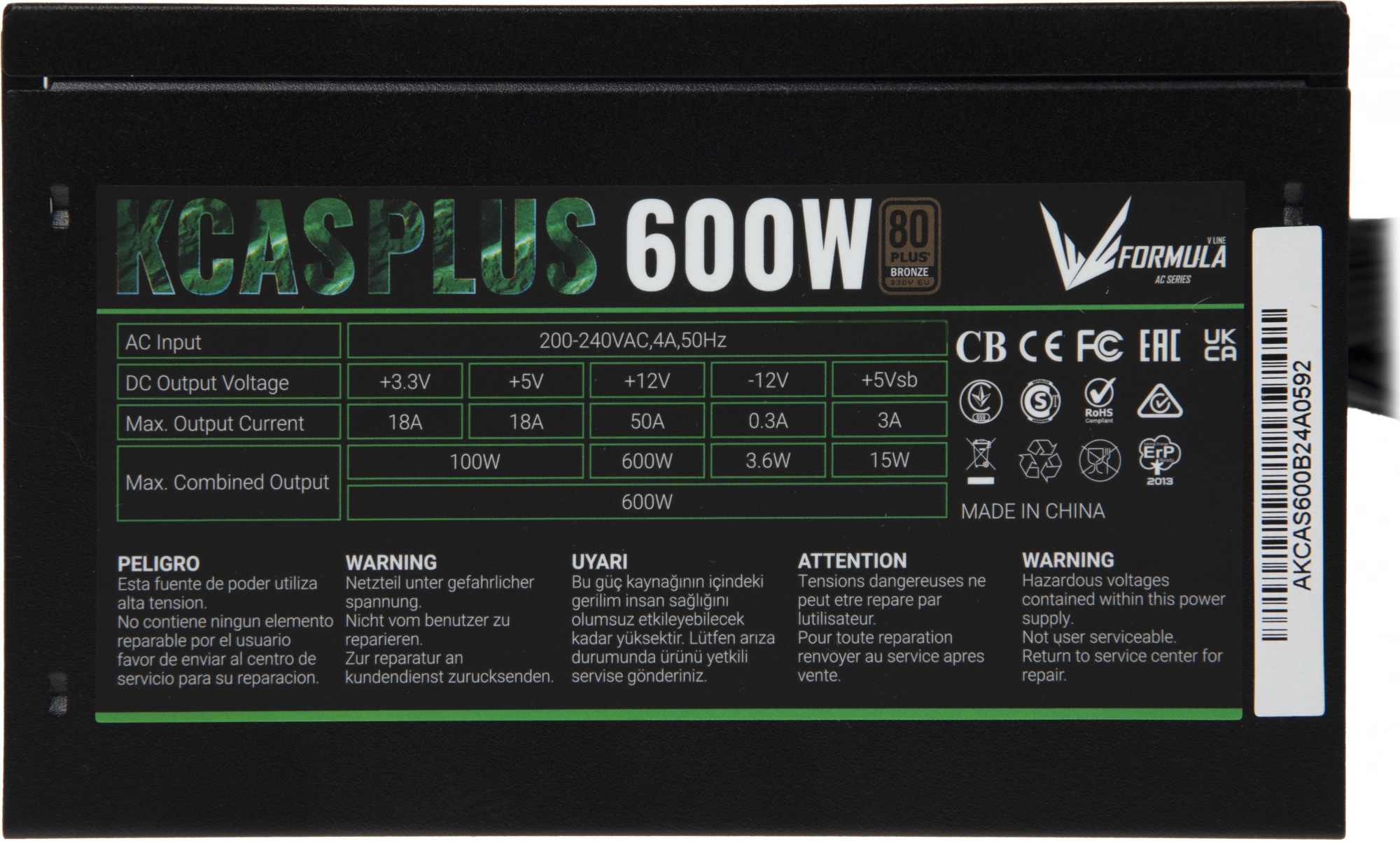 Блок питания Formula V Line KCAS PLUS 600W, 600W, APFC, 80+ Bronze, ATX12V v2.4, 12cm Fan (ex Aeroco