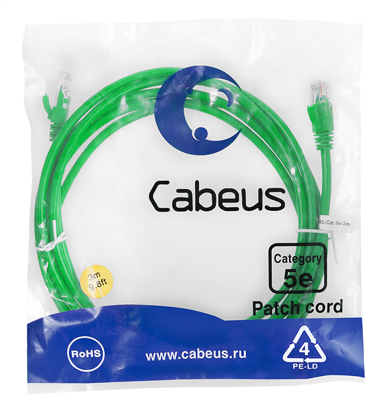 Патч-корд Cabeus PC-UTP-RJ45-Cat.5e-3m-GN Патч-корд U/UTP, категория 5е, 2xRJ45/8p8c, неэкранированн