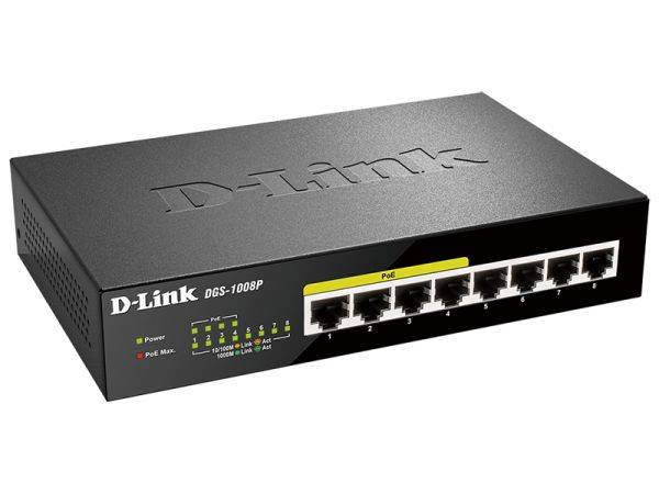 Коммутатор D-Link DGS-1008P/E1A 8G 4PoE+ 80W неуправляемый