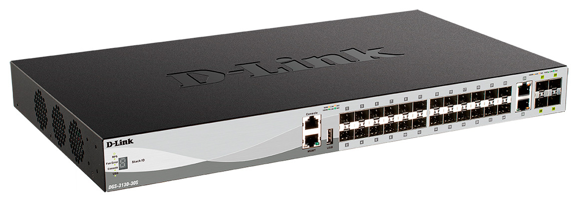 Коммутатор D-Link DGS-3130-30S/B1A (L3) 2x10Гбит/с 24xКомбо(1000BASE-T/SFP) 4xКомбо(10GBase-T/SFP+) 