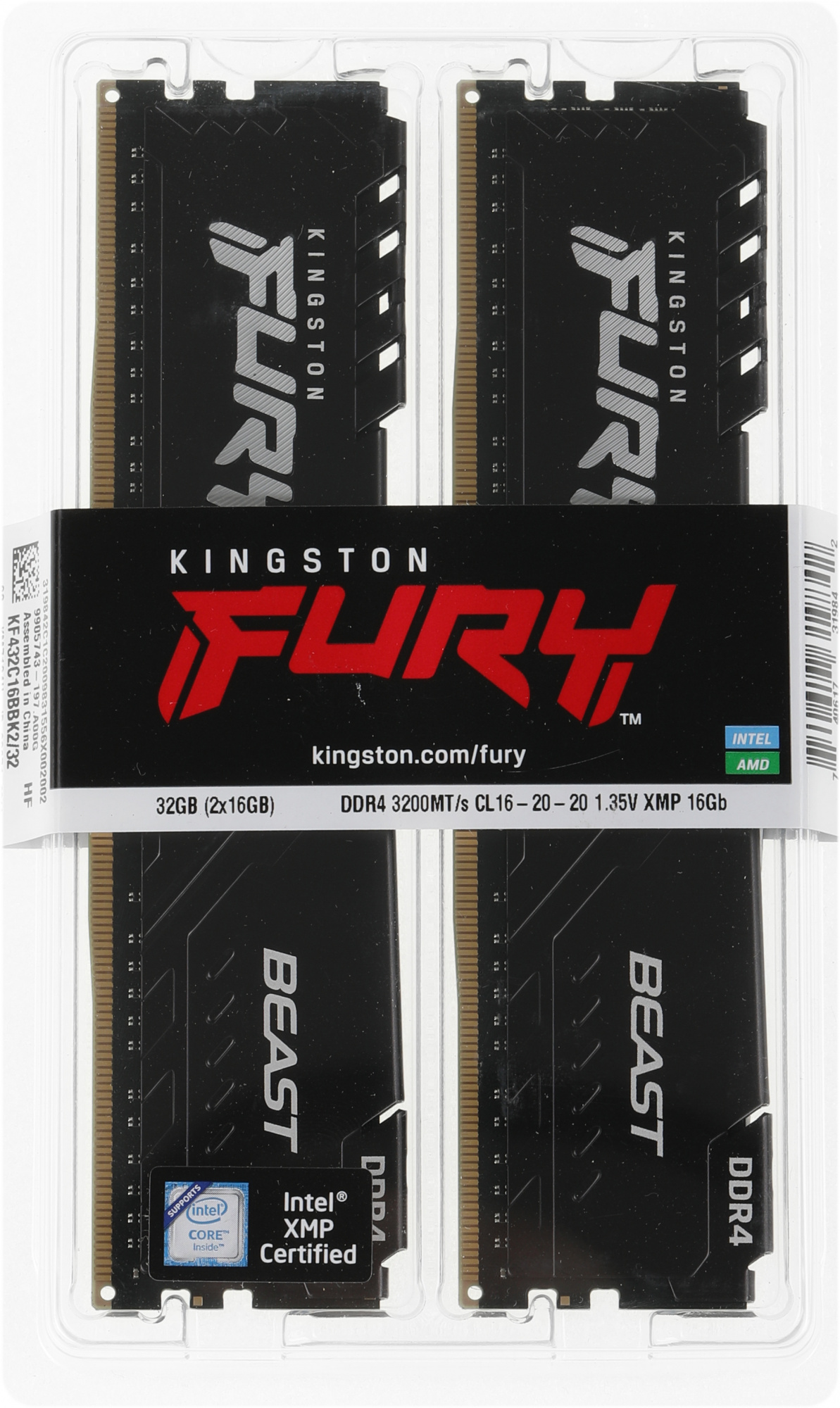 Память DDR4 2x16Gb 3200MHz Kingston KF432C16BBK2/32 Fury Beast Black RTL Gaming PC4-25600 CL16 DIMM 