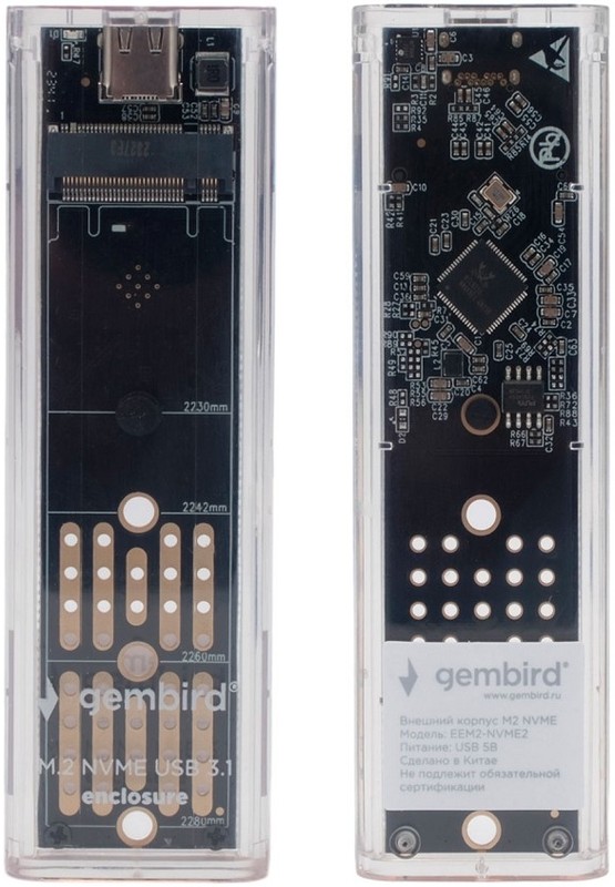 Gembird EEM2-NVME-2 Внешний корпус USB 3.1 для M2 NVME порт Type-С, пластик, прозрачный