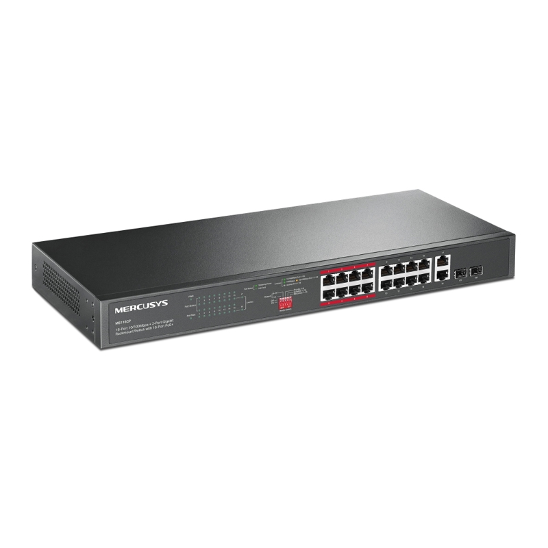 Коммутатор Mercusys MS118CP (L2) 16x100Мбит/с 2x1Гбит/с 2xКомбо(1000BASE-T/SFP) 16PoE+ 190W неуправл