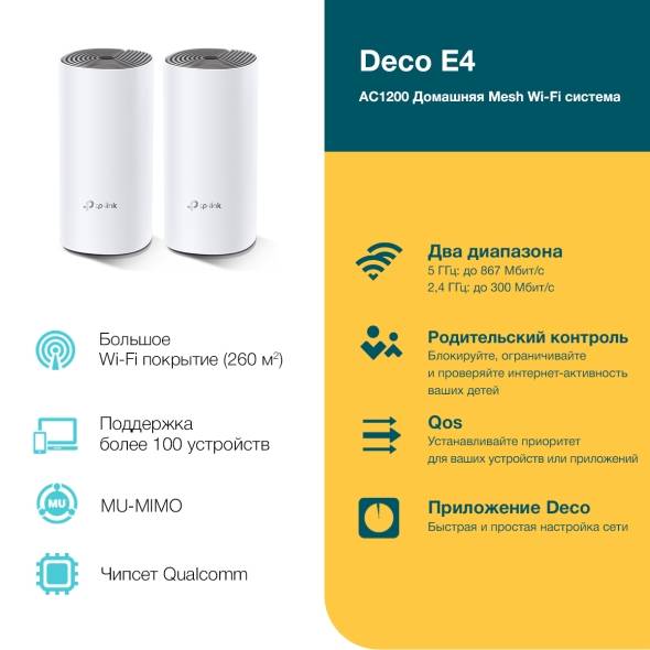 TP-Link Deco E4(2-pack), AC1200 Домашняя Mesh Wi-Fi система, 2 устройства, до 300 Мбит/с на 2,4 ГГц 