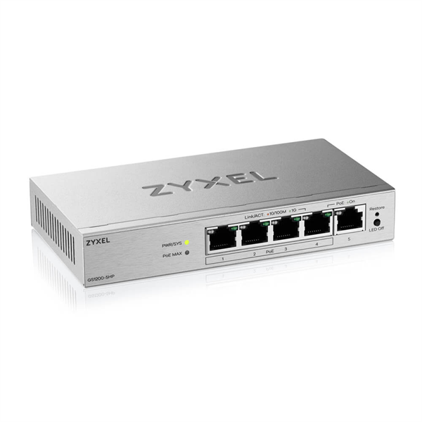 Коммутатор Web Smart L2 коммутатор Zyxel GS1200-5HPv3, 5xGE (4xPoE+), бюджет PoE 68 Вт, настольный, 