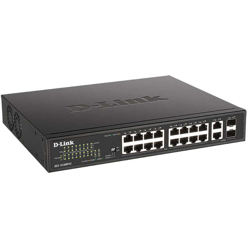 Коммутатор D-Link DES-1018MPV2/A 16x100Мбит/с 2x1Гбит/с 2xКомбо(1000BASE-T/SFP) 16PoE+ 247W неуправл