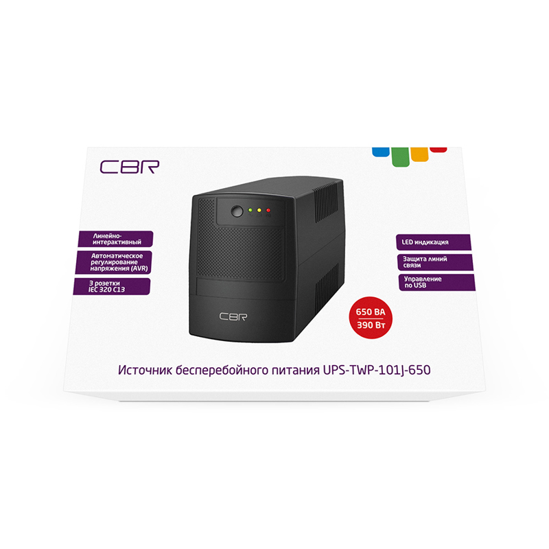 ИБП CBR [UPS-TWP-101J-650] 650VA/390W, IEC 320 C13 x3 outlets, LED, USB Type-B, RJ11/45 AVR, SEC, 12