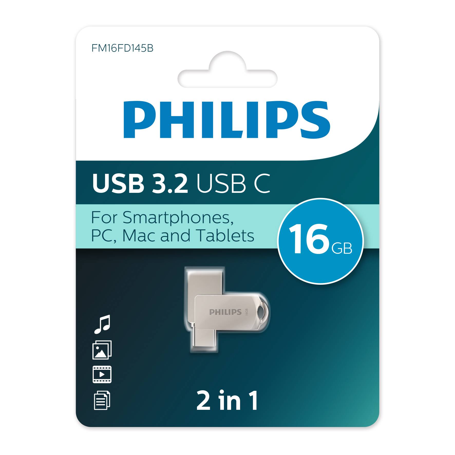 Флеш накопитель 16Gb PHILIPS 2-in-1 USB 3.2 USB C, OTG, USB 3.2/Type-C, Металл, 100 MB/s