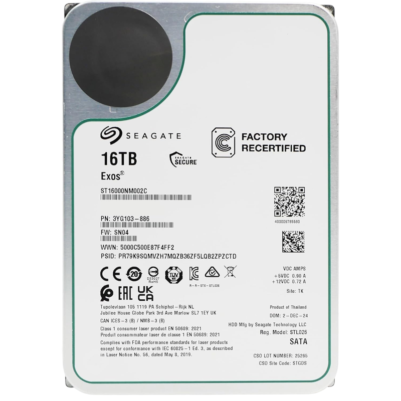 Жесткий диск Seagate SATA 16Tb Exos X16 6Gb/s 7200 512Mb OFFICIAL RECERTIFIED MTBF - 2.5M hrs 1 year