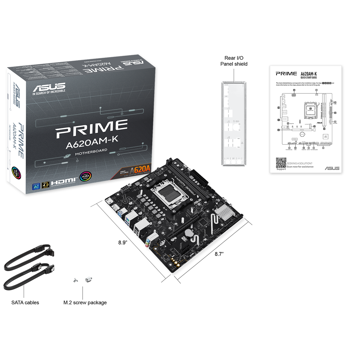 Материнская плата ASUS PRIME A620AM-K, AM5, A620A, 2*DDR5, 4*SATA, 1*M.2, 4*USB 3.2, 2*USB 2.0, 1*PC
