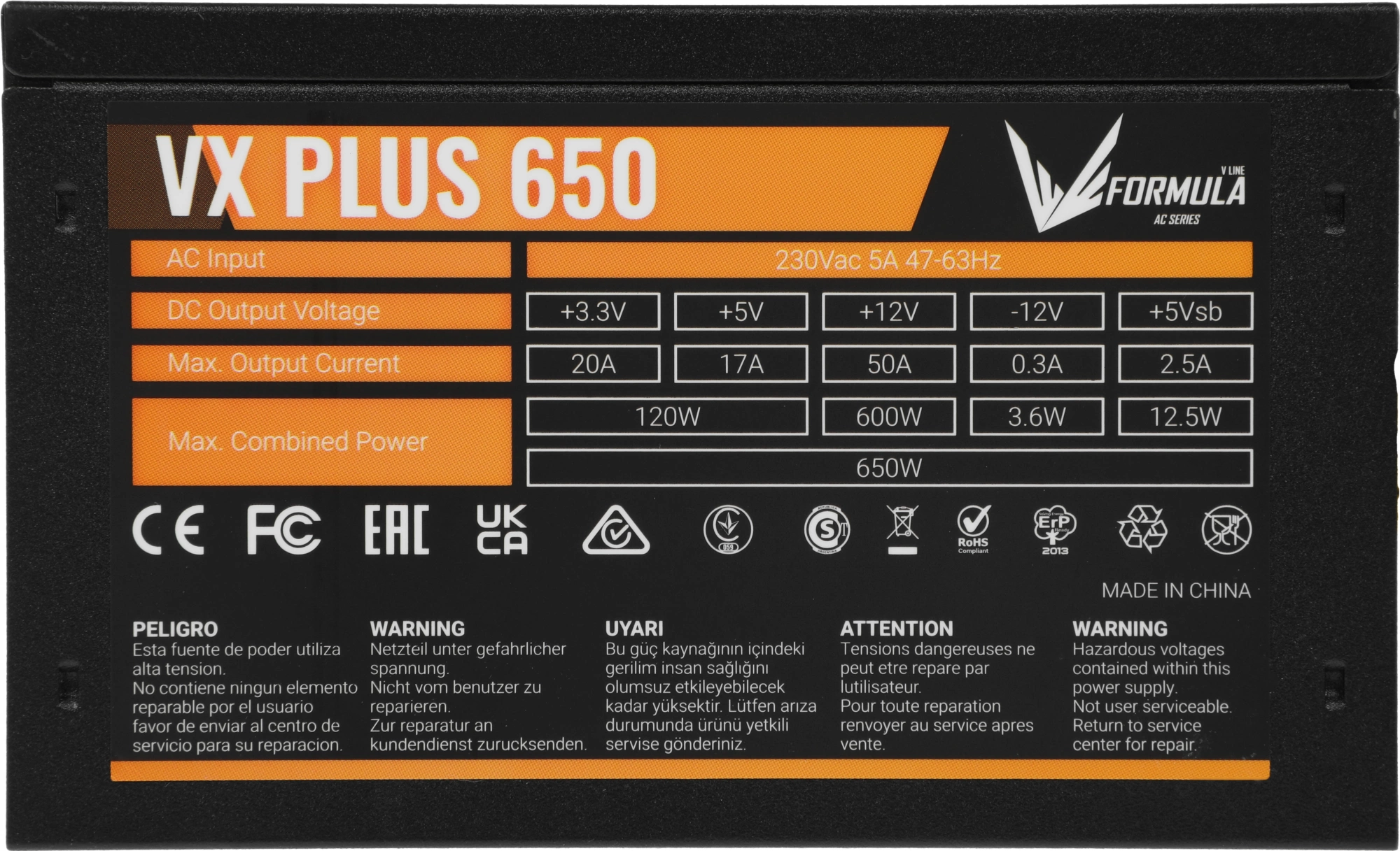 Блок питания Formula V Line VX PLUS 650, 650W, ATX12V v2.3, 12cm Fan (ex Aerocool)