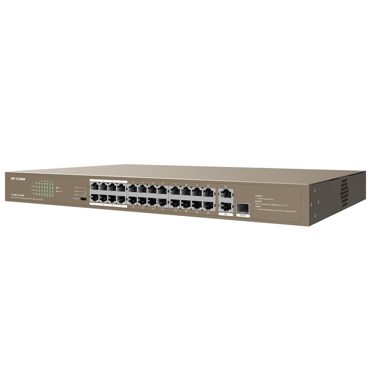 Коммутатор IP-Com F1126P-24-250W (L2) 24x100Мбит/с 2x1Гбит/с 1xКомбо(1000BASE-T/SFP) 1SFP 24PoE 230W