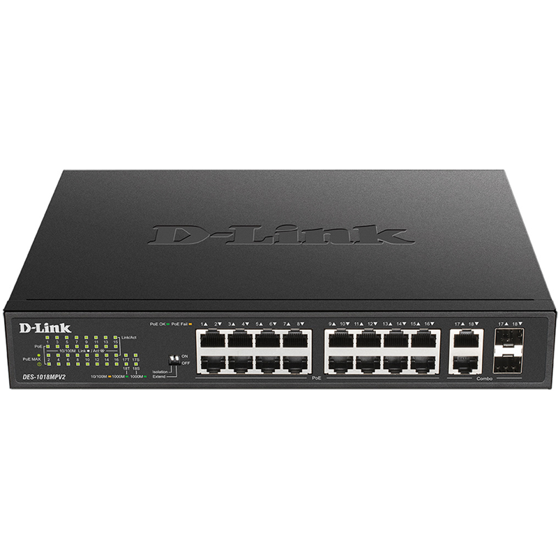 Коммутатор D-Link DES-1018MPV2/A 16x100Мбит/с 2x1Гбит/с 2xКомбо(1000BASE-T/SFP) 16PoE+ 247W неуправл