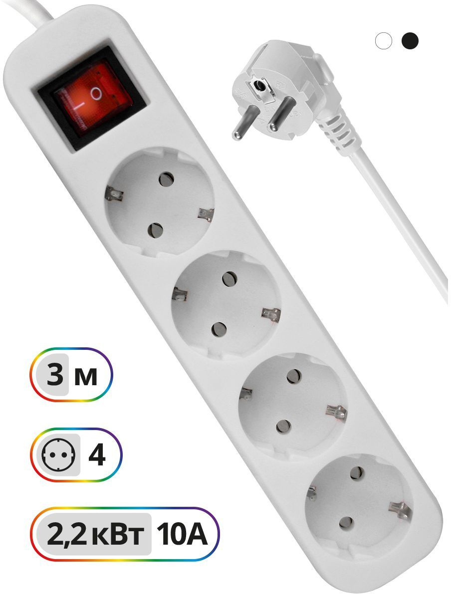 Сетевой удлинитель Defender S430 3м (4 розетки) белый (пакет ПЭ)