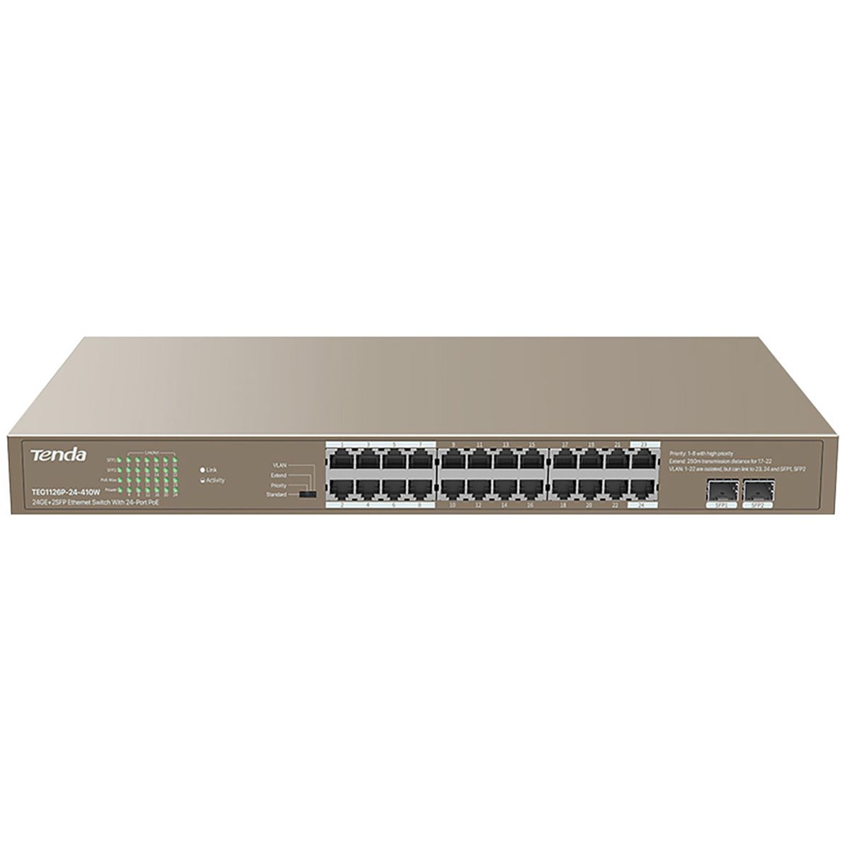 Коммутатор Tenda TEG1126P-24-410W (L2) 24x1Гбит/с 2SFP 24PoE 370W неуправляемый