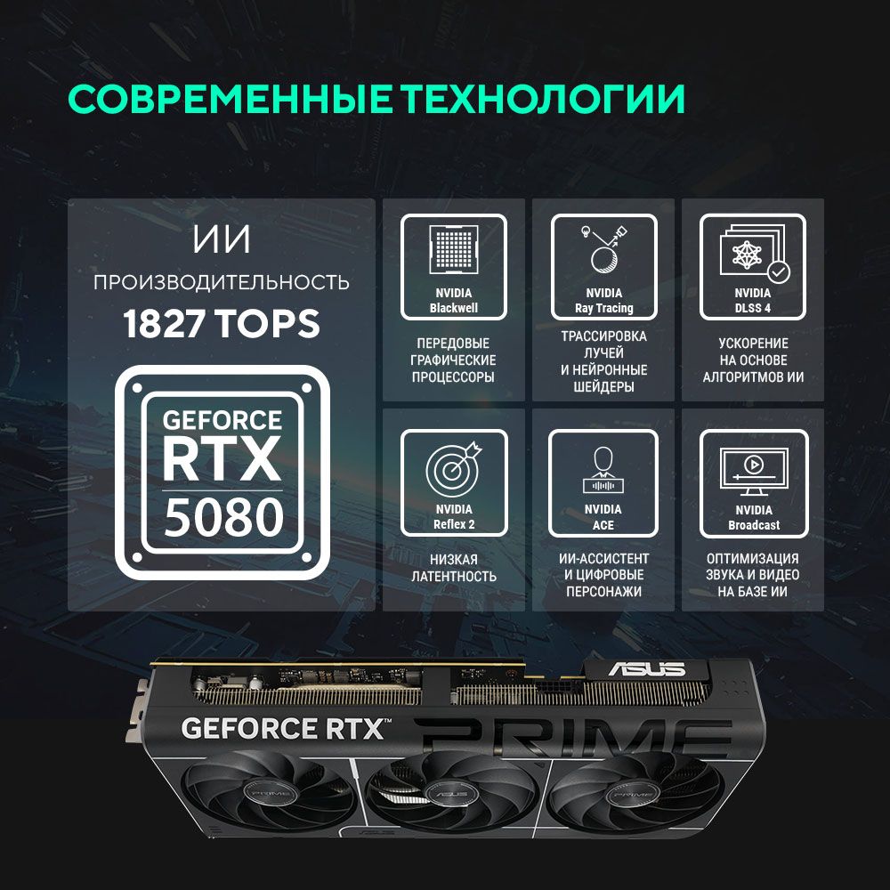 Видеокарта Asus PCI-E 5.0 PRIME-RTX5080-O16G NVIDIA GeForce RTX 5080 16Gb 256bit GDDR7 2655/30000 HD