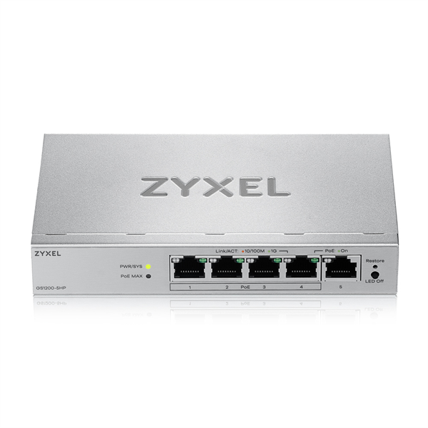 Коммутатор Web Smart L2 коммутатор Zyxel GS1200-5HPv3, 5xGE (4xPoE+), бюджет PoE 68 Вт, настольный, 
