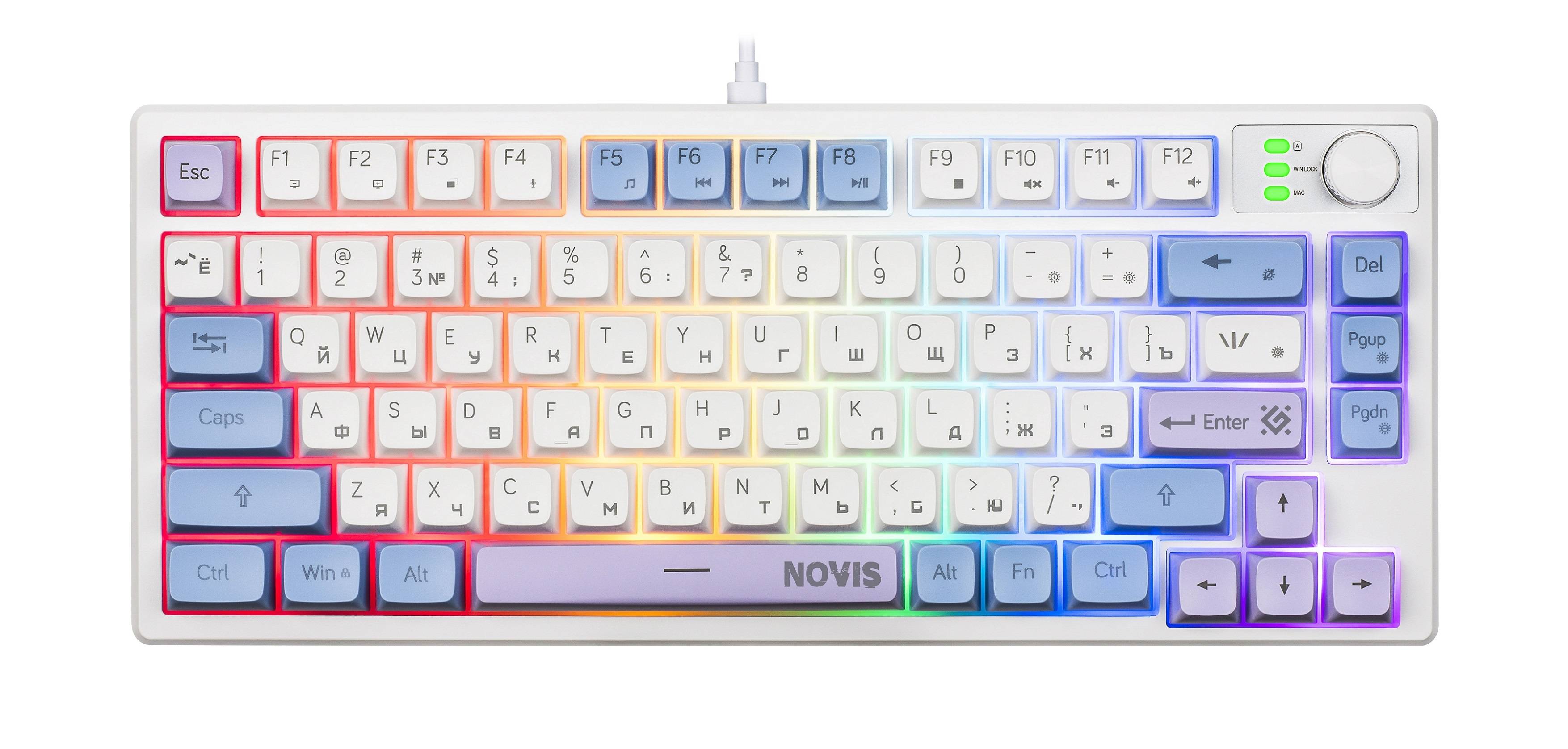 Defender Игровая клавиатура проводная Novis GK-318 RU,бел/гол,80кн+FN,радуж,1.5м