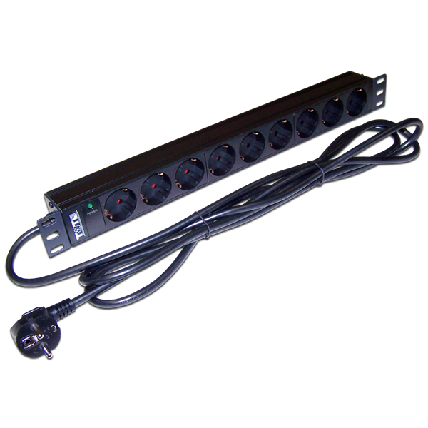 Блок розеток Блок розеток 19", 1-фазный без выключателя, 16A / 250V, 9xSchuko, шнур 3.0 м, вилка Sch