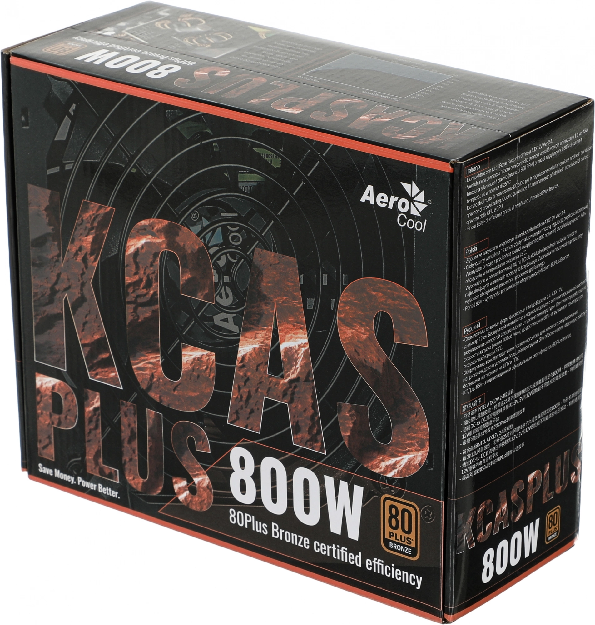 Блок питания Aerocool ATX 800W KCAS PLUS 800 80+ bronze (20+4pin) APFC 120mm fan 7xSATA RTL