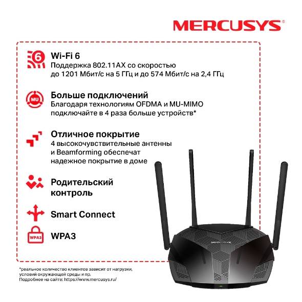 Роутер беспроводной Mercusys MR70X AX1800 10/100/1000BASE-TX черный