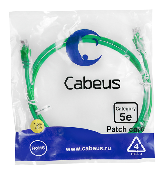 Патч-корд Cabeus PC-UTP-RJ45-Cat.5e-1.5m-GN Патч-корд U/UTP, категория 5е, 2xRJ45/8p8c, неэкранирова